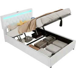 Merax 140*200 cm Doppelbett, Polsterbett, mit Umgebungslicht, USB- und Typ-C-Steckdose, Bett kann angehoben und abgesenkt werden, weiß