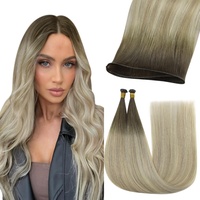 YoungSee Genius Weft Tressen Ombre 40cm Tressen Echthaar zum Einnahen Dunkelbraun Balayage Hellbraun Ombre Blond Weave Extensions Echthaar Tressen Remy Virgin Haartressen Echthaar 25g #4/7/80