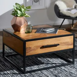 Kadima Design Industrie-Stil Couchtisch, Metall und Holz, Schublade, 50 kg Belastbarkeit. 65x65x38 cm