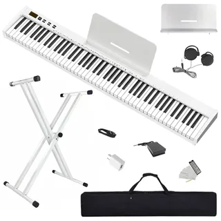 【Keyboard Piano Set mit Ständer】Longeye 88 Tasten E-Piano, Semi-Gewichtet, Kompakt und Tragbar, mit Tragetasche, Notenständer und Sustain-Pedal, Weiß (Slim-88)