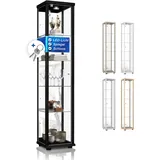 K-Möbel Sammlervitrine (176x37x33cm) - Made in Germany - Vitrinenschrank Schwarz mit 4 höhenverstellbaren Glasböden, Spiegel, Schloss & LED - Glasvitrine Stehend - Display Cabinet