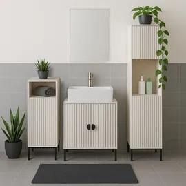 Mendler Hochschrank HWC-O42, Badschrank Badregal Badezimmer Schrankfächer Wäschekorb, MDF Melamin 174x39x30cm ~ Holzoptik beige