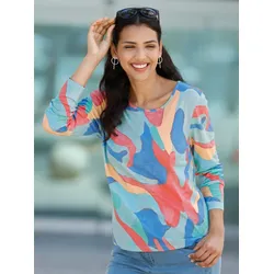 Langarmshirt CLASSIC BASICS "Druck-Shirt", Damen, Gr. 38, mittelblau, kalkmint, bedruckt, 100% Baumwolle, gemustert, mehrfarbig, Rundhals, Langarm, Shirts