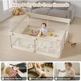 julrrimg Laufstall Baby 175x150 cm – Großer Baby Laufgitter XXL Sicherheitsspielplatz Kinder mit Netzdesign, ideal für den Innenbereich, Beige,