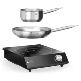 HENDI Set: Induktionskocher 3500W + Stielkasserolle + Bratpfanne, Schwarz, 220-240V/3500W, 320x395x(H)95mm -
