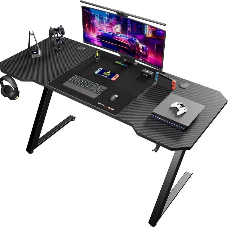 GTPlayer Gaming-Tisch, Gaming-Schreibtisch, 120 x 60 cm, PC-Tisch, Gamer-Tisch mit Carbonfaser-Oberfläche, stabiler Computertisch mit Kopfhörerhaken, Schwarz