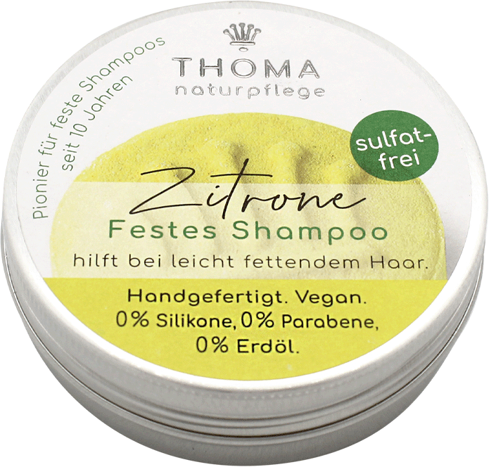 Zitronen-Shampoo – vegan, THOMA Naturseifen-Manufaktur, hilft bei leicht fettendem Haar, 55 g, Aludose