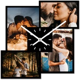 PhotoFancy® - Fotouhr aus Kunststoff - Uhr mit Foto Bedrucken - Wanduhr mit eigenen Fotos gestalten - 26 cm - Zeiger Weiß - Layout Collage