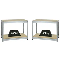 PROREGAL Mega Deal | 2x Höhenverstellbare Werkbank Dino | HxBxT 90x120x60 cm | Traglast 600 kg | Verzinkt | Holzplatte