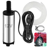 CHRI Edelstahl Wasserpumpe 12v 38mm, Dieselpumpe mit Zigarettenanzünder, Herausnehmbarem Filter, 3m Kabel + PVC Transparenter Schlauch,für Auto Diesel Öl Heizöl Wasser
