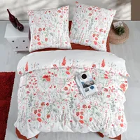 ZIRVEHOME Bettwäsche 240x220 cm. Weiß, 3-teilig Baumwolle Bettgarnitur mit Bettbezug und Kissenbezug 80x80, Renforcé, geblümt mit Grün, Rot Blumen-Muster. Eleyse