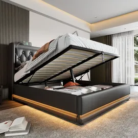 stilvora Polsterbett 140x200cm mit Stauraum Jugendbett mit LED-Beleuchtung,gepolstertes Kopfteil mit USB Typ-C Ladefunktion,Schwarz(Ohne Matratze) - Schwarz