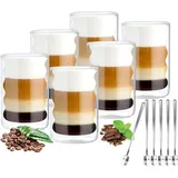 VITEVER Latte Macchiato Gläser Doppelwandig 400ml 6er Pack mit 6 Löffeln Doppelwandige Kaffeegläser Cappuccino Tassen Glas Spiralförmig Thermogläser Teegläser aus Borosilikatglas