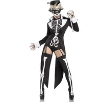Damen Voodoo Priesterin Fantasy Kostüm Skelett Verkleidung aus Frack, Body, Zylinder und Strümpfe Zepter in weiß schwarz Totenkopf Knochen XS