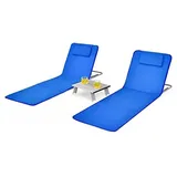 FANTASK 2er Set Strandmatte mit Beistelltisch, Kopfkissen & Staufach, Liegematte mit Verstellbarer Rückenlehne, Strandliege für den Strand (Blau)