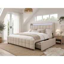 Flieks Polsterbett 180x200cm mit USB und Steckdosen, Jugendbett Doppelbett mit 4 Schubladen, Stauraumbett Massivholzbett mit LED und Lattenrost, Le... - Beige