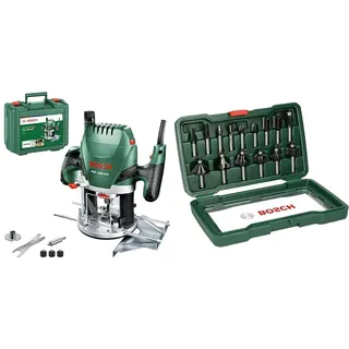 Bosch Oberfräse POF 1400 ACE (1.400 Watt, im Koffer) + Bosch 15tlg. Fräser Set (Holz, Zubehört für Oberfräsen mit 8 mm Schaft)