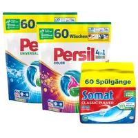 Persil Universal & Color 4in1 DISCS 120 Waschladungen (2x 60WL) & SOMAT Classic Pulver 60 Spülgänge, Vollwaschmittel & Color Waschmittel Tiefenrein & Spülmaschinenreiniger Großpackung