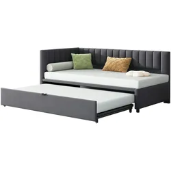OKWISH L-förmiges Schlafsofa 90x200 cm mit ausziehbarem Bett, Samtpolster, Push-Pull-Mechanismus, Platzsparend, bequemes Schlaf- und Sitzmöbel,Grau