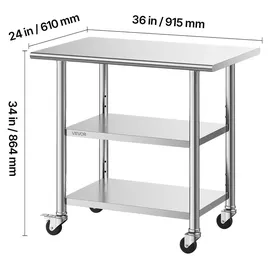 Vevor Gasto Arbeitstisch 915 x 610 x 864 mm, Edelstahltisch mit 3 Ebenen & Rollen & Höhenverstellbaren Ablagen Belastbarkeit Top 227 kg & 2 Unterablagen je 191 kg Vorbereitungstisch für Restaurant
