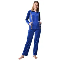 RAIKOU Hausanzug Nicki Velours Damen Hausanzug Freizeitanzug Jogginganzug (mit Reißverschluss und Leo Print, 2 tlg) weiche Baumwolle-Polyester-Gemisch blau 36/38