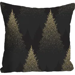 Dekokissen QUEENCE "Hannah", gold (goldfarben, bedruckt), B:40cm L:40cm, Polyester, Dekokissen_Sitzkissen_Kissenhüllen, Kissenhülle,Schwarz,Tannenbäume,Glitzer,Wald,Weihnachten,Festlich