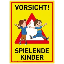 Großes Schild Vorsicht! Spielende Kinder | PVC 30 x 42 cm | Achtung Spieplatz | Langsam! Spielende Kinder | gelb | PVC-Schild mit UV-Schutz | Dreifke