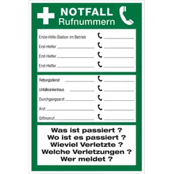 Aushang, Notfall Rufnummern - 200x300 mm Folie selbstklebend