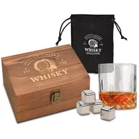 WoMa Whisky Steine Set I 4 Edelstahl Kühlwürfel inkl. Whiskey Glas, Samtbeutel & hochwertiger Holzbox I Wiederverwendbare Eiswürfel für Whiskey Wodka Gin Rum Tequila & Cocktails
