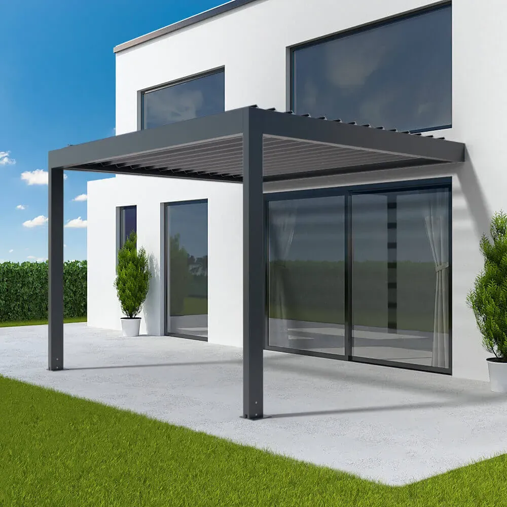 Pergola mit Wind- und Sonnensensor, Anbaupergola, Aluminium, Gestell Anthrazit, Zip-Screen vorne Weiß, 1000x1600 mm, individuell konfigurieren