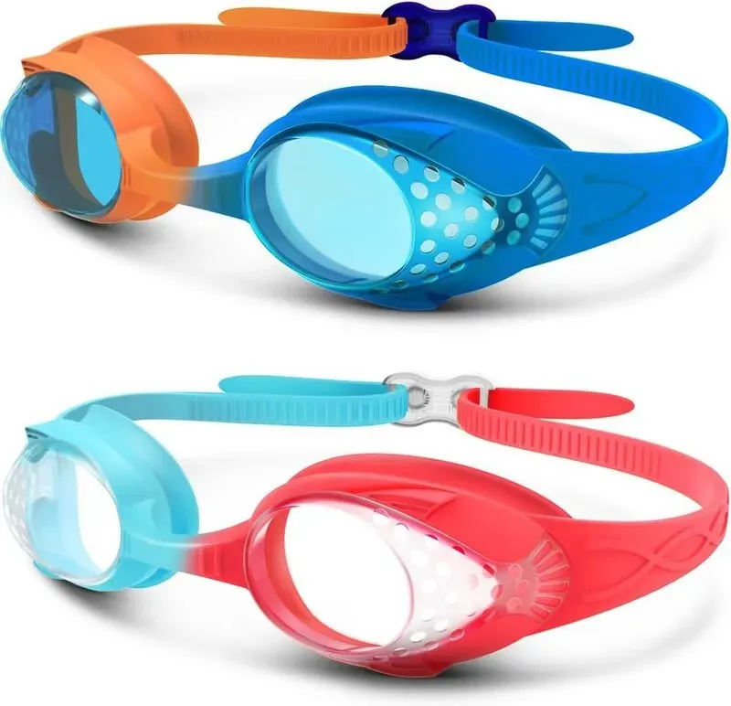 OutdoorMaster Schwimmbrillen für Kinder, 2er-Pack - mit schneller verstellbarem Kopfband, Orange & Blau + Blau & Rot