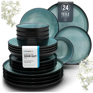 PURE LIVING INTERIOR DESIGN Steingut Geschirrset 6 Personen Ibiza 24 tlg. TESTSIEGER, Traumhaftes Mediterranes Steingut Geschirr Set, Schüssel- und Teller Set, Tafelservice 6 Personen, Geschirrsets Pure Living in Petrol