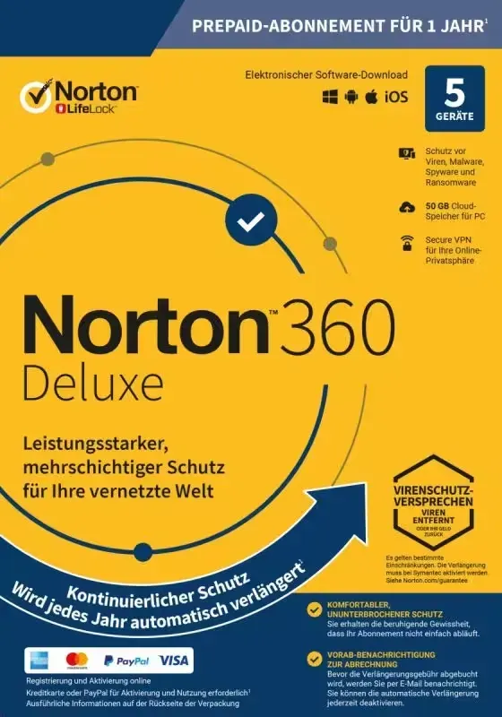 Norton 360 Deluxe 2026 + 50 GB Cloud Storage – 1 Jahr | 5 Geräte