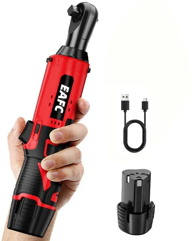 EAFC GJ04 Elektrischer Ratschen‐Steckschlüssel 12 V 45 Nm, 3/8‐Zoll, Eck‐Winkel‐Schraubenschlüssel für enge Ecken, wiederaufladbare 7500 mAh‐Akku (2500 mAh x 3), Werkzeug für Motorrad und Heimgebrauch
