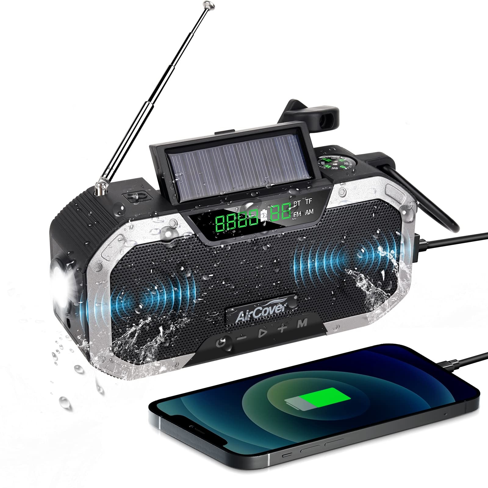 Solar Radio, 5000 mAh Kurbelradio Bluetooth Lautsprecher Tragbares AM/FM Notfall Radio IPX5 Dynamo Wetter Radio, Notfallversorgung Überlebensausrüstung mit Taschenlampe PowerBank für Outdoor Camping