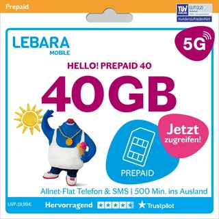 LEBARA Prepaid SIM-Karte mit Hello! 40 Prepaid Tarif ohne Vertrag | Allnet Flat Telefonie & SMS, 40 GB Datenvolumen inkl. 5G und 500 Frei-Min. ins Ausland...