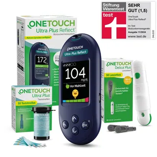 OneTouch Ultra Plus Reflect Blutzuckermesssystem für Diabetes (Zucker-Krankheit), inkl. 1 Blutzucker-Messgerät (mg/dl), 40 Teststreifen, 1 Stechhilfe, 40 Lanzetten, 1 Etui, 2 Batterien