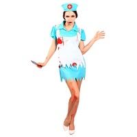 Karneval-Klamotten Zombie-Kostüm Blutige Horror Krankenschwester Damenkostüm, Frauenkostüm Halloween, Kleid mit Haube und Schürze blau|rot
