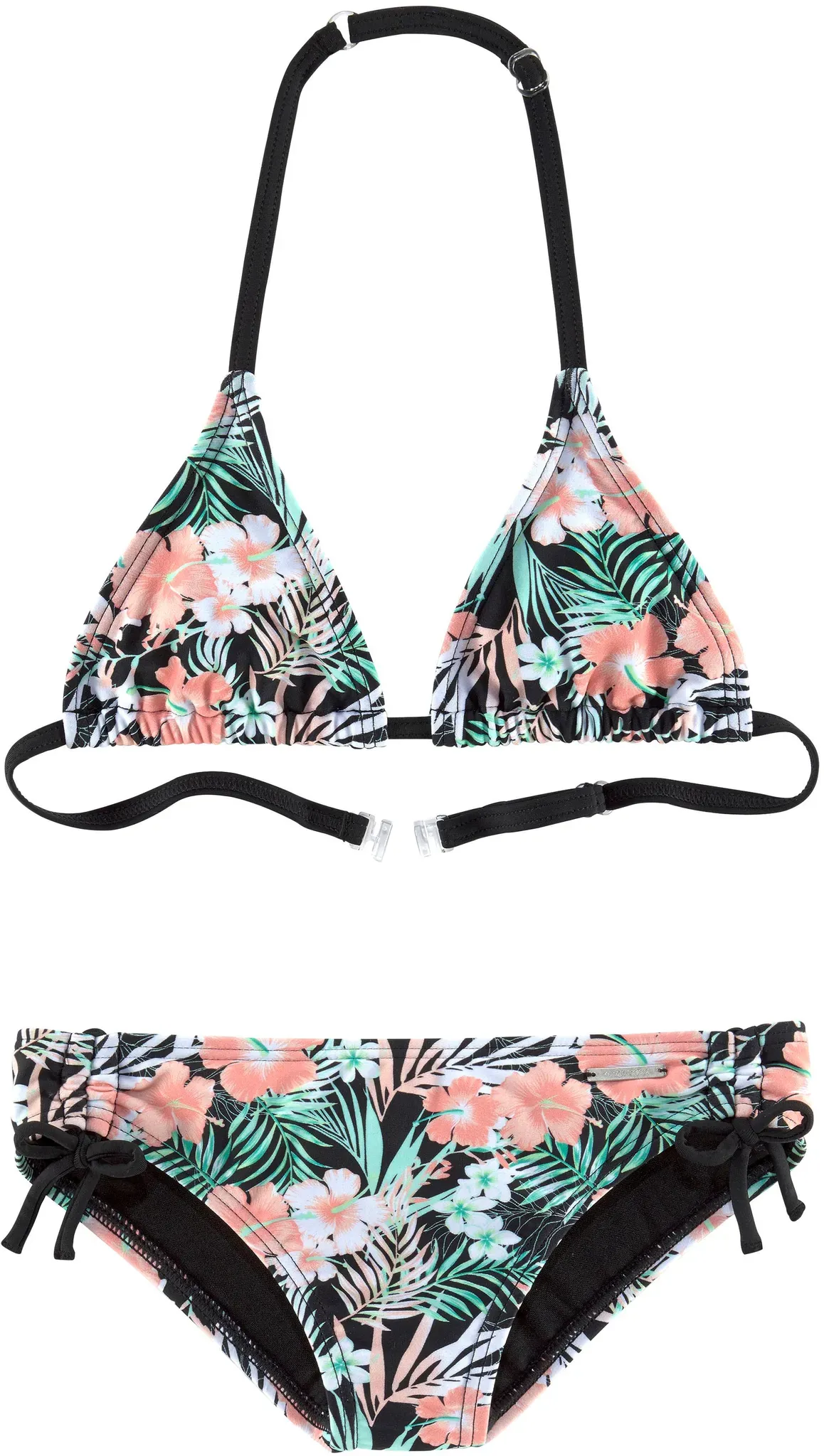 Triangel-Bikini CHIEMSEE, Mädchen, Gr. 158/164, N-Gr, schwarz (schwarz, bedruckt), Polyamid, Bikini-Sets Triangel-Bikini, mit floralem Design