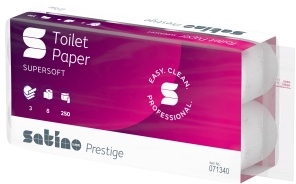 Satino Prestige Toilettenpapier, hochweiß, 3-lagig, MT1, Supersoftes und saugstarkes Klopapier aus Zellstoffmix, 1 Packung = 8 Rollen à 250 Blatt