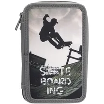 IDENA 20123 - Federmappe Triple mit 3 Reißverschluss-Fächern, Design Skateboard, gefülltes Federmäppchen mit 47 Teilen