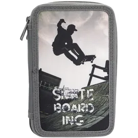 IDENA 20123 - Federmappe Triple mit 3 Reißverschluss-Fächern, Design Skateboard, gefülltes Federmäppchen mit 47 Teilen