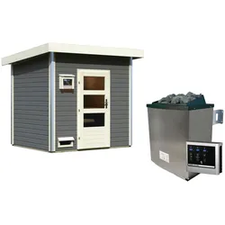 Saunahaus KARIBU "Ralf", grau (terragrau), Saunaofen, externe Steuerung, 9 kW, Saunen, moderne Tür, Ofen 9 kW mit externer Steuerung