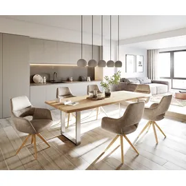 DeLife Esszimmerstuhl Yago-Flex mit Armlehnen Mikrofaser Taupe Vintage Holzgestell kantig Natur Taschenfederkern, Esszimmerstühle