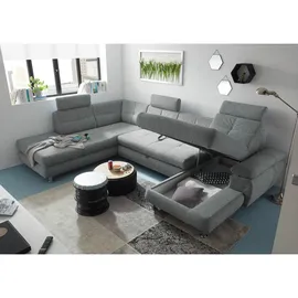 ed exciting design Wohnlandschaft ALBA U-Form, mit Bettfunktion, Bettkasten, Armteilverstellung grau