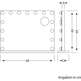 ledscom.de LED Schminkspiegel mit Beleuchtung, HOLLYWOOD Spiegel, 58x45cm, USB, 3 Lichtfarben, dimmbar, RA {ang_farbwiedergabeindex}, {farbe}, 15 LEDs