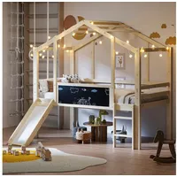 OKWISH Kinderbett Hochbett Holzbett (mit Rutsche & Leiter, Massivholzbett im Hausstil, Kreativ-Tafel, 90×200 cm), ohne Matratze