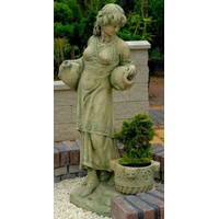 Casa Padrino Jugendstil Wasserspeier Skulptur Frau mit Krügen und dekorativem Blumentopf Grün / Beige 63 x 61 x H. 140 cm - Gartendeko Statue Steinfigur