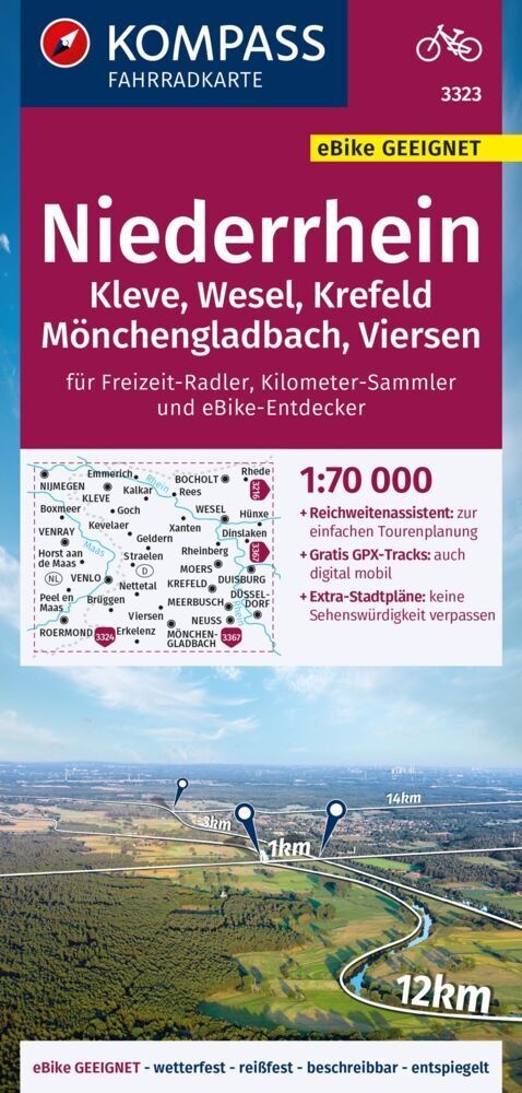 Kompass Fahrradkarte 3323 Niederrhein  Kleve  Wesel  Krefeld  Mönchengladbach  Viersen Mit Knotenpunkten 1:70.000  Karte (im Sinne von Landkarte)