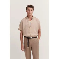Kurzarmhemd BUGATTI, Herren, Gr. M, Normalgrößen, 60, taupe, 100% Leinen, unifarben, casual, normal, Kurzarm, Hemden, aus Leinen